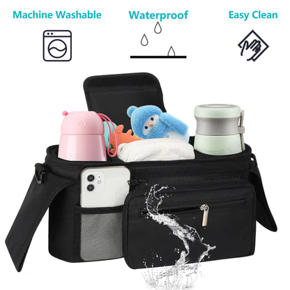 Universal Stroller Organizer Non Slip Straps Stroller Caddy with Insulated 2 Cup Holder-Detachable Phone Bag & Shoulder Strap,Fits for Stroller like Uppababy,Baby Jogger and Pet Stroller,Black