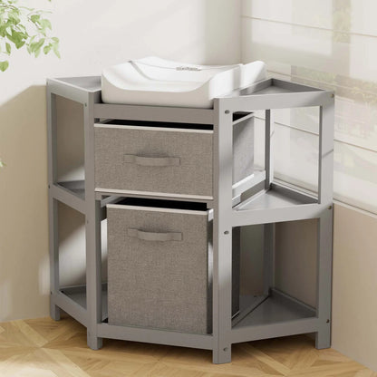 Children Changing Table with Pad, Corner Diaper Changing Table with Laundry Hamper, Storage Bin, Contoured Pad for Baby - Gray
