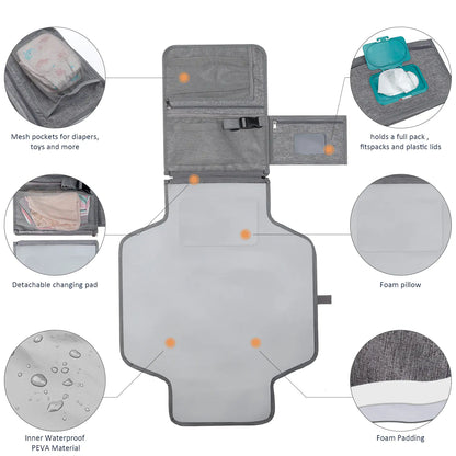 Portable Baby Changing Pad – Foldable with Shoulder Strap, Memory Foam Pillow & Wipes Pocket