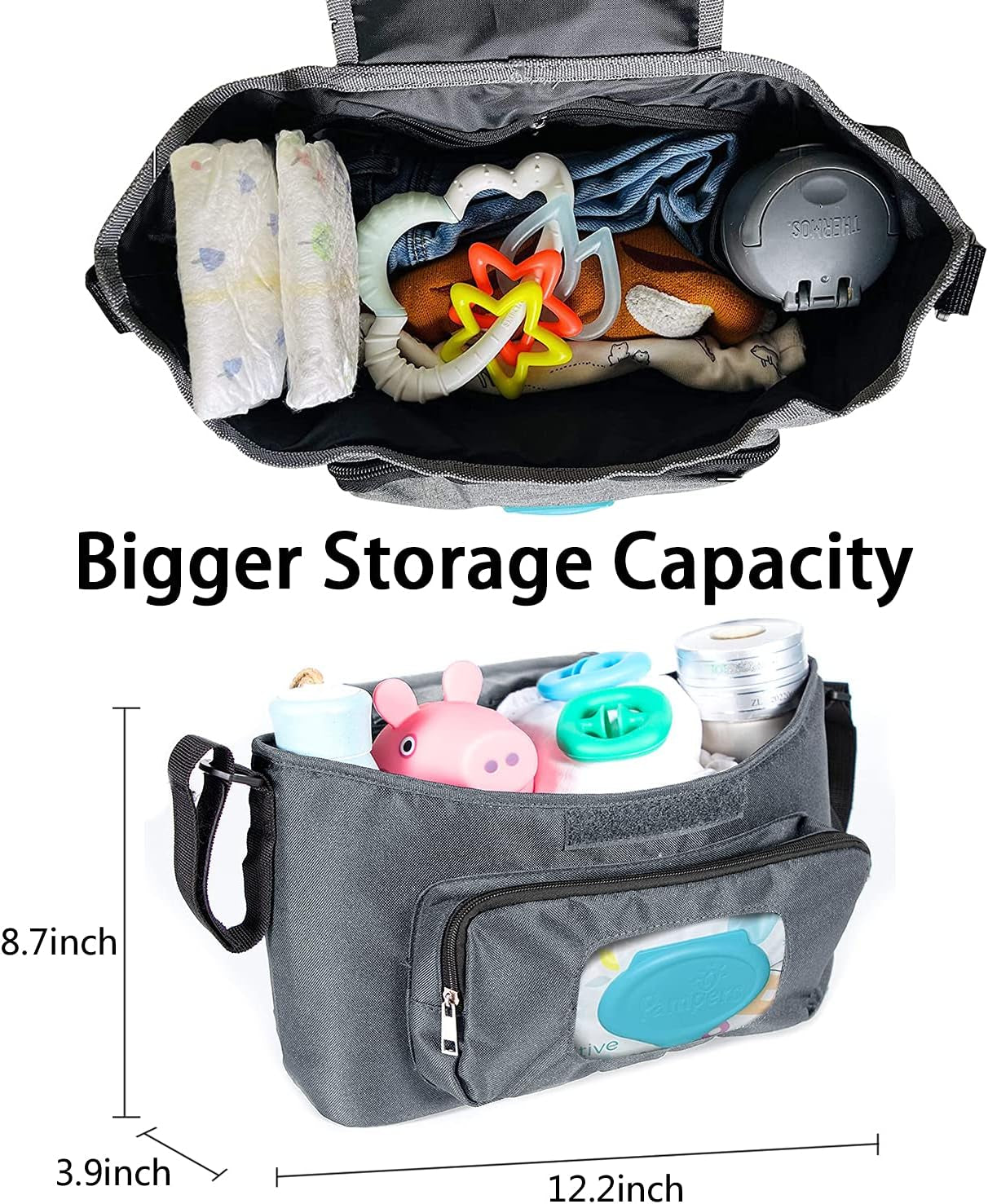 Baby Stroller Organizer with Cup Holder Universal Stroller Caddy Large Storage Space Baby Multiple Pockets Stroller Storage Adjustable Shoulder Strap Stroller Accessories Organizer
