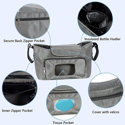 Baby Stroller Organizer with Cup Holder Universal Stroller Caddy Large Storage Space Baby Multiple Pockets Stroller Storage Adjustable Shoulder Strap Stroller Accessories Organizer