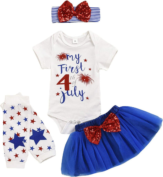 1St 4Th of July Baby Girls 3Pcs Outfits Set Stars Print Independence Day Romper Bodysuit Tutu Dress Headwear Shoes (0-3 Months, My First 4Th of July-4Pcs Tutu Set)