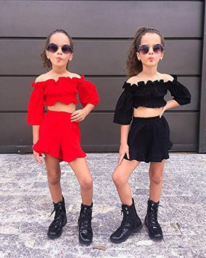 3Pcs Toddler Kids Baby Girl Summer Outfits off Shoulder Crop Top Ruffle Shorts Headband Clothes Set 1-6Y (Rose Red, 5-6T)