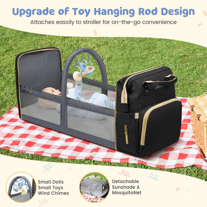 Diaper Bag Backpack, Multifunctional Baby Changing Bag with Foldable Crib &Insulated Milk Bottle Pockets, Large Capacity Portable Travel Backpack with USB Charging Port, Nappy Bag for Moms Dads,Black