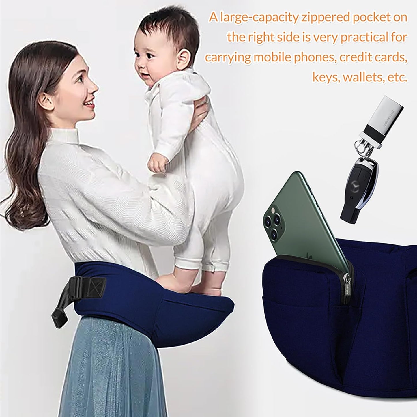 Baby Infant Hip Seat Carrier with Pockets, Lightweight Toddler Waist Stool Seat Belt Carrier (Blue)