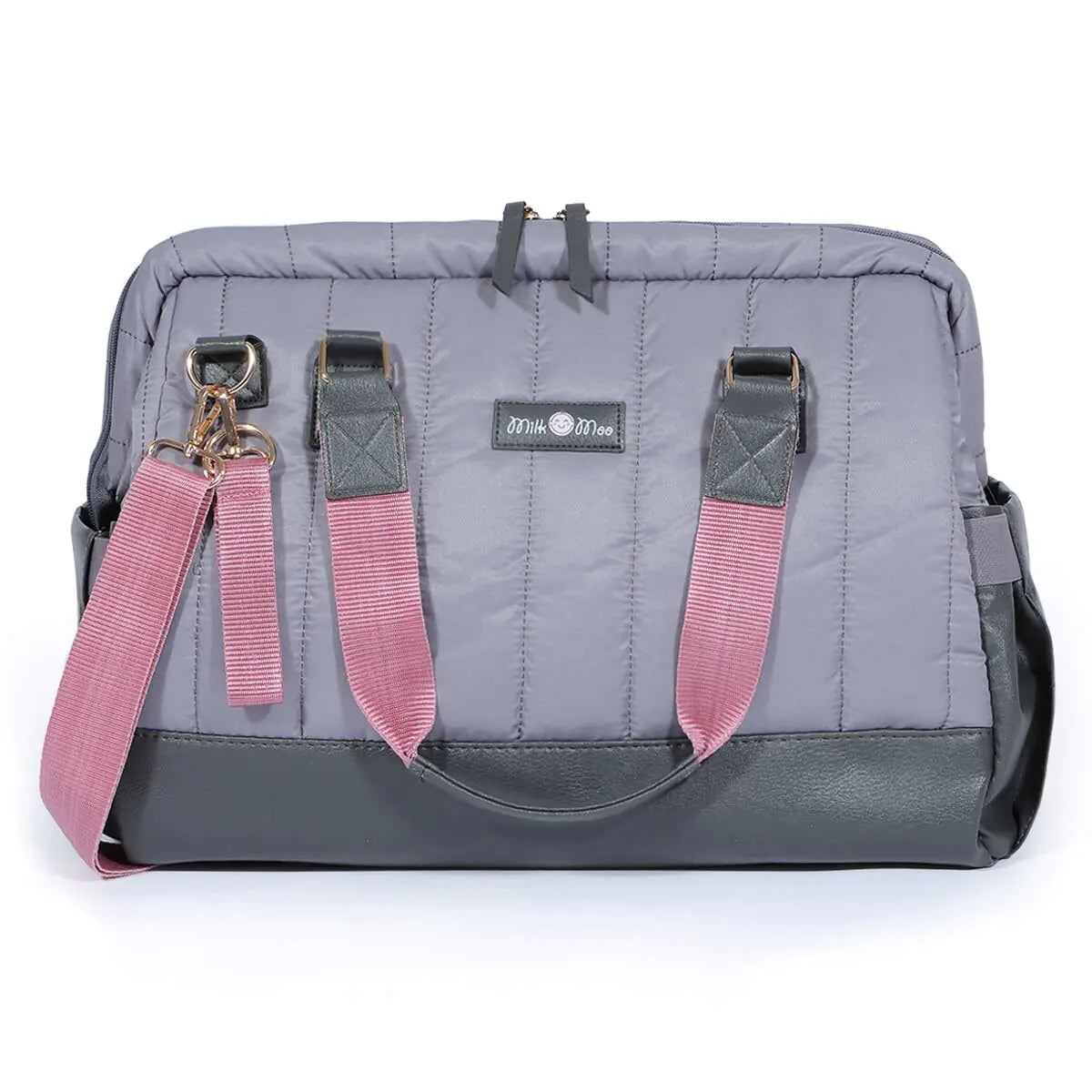 Milk&Moo Quilted Diaper Bag – Dark Gray Baby Tote with Vegan Leather, Multiple Carry Options, Stroller Straps – Stylish & Spacious for Moms