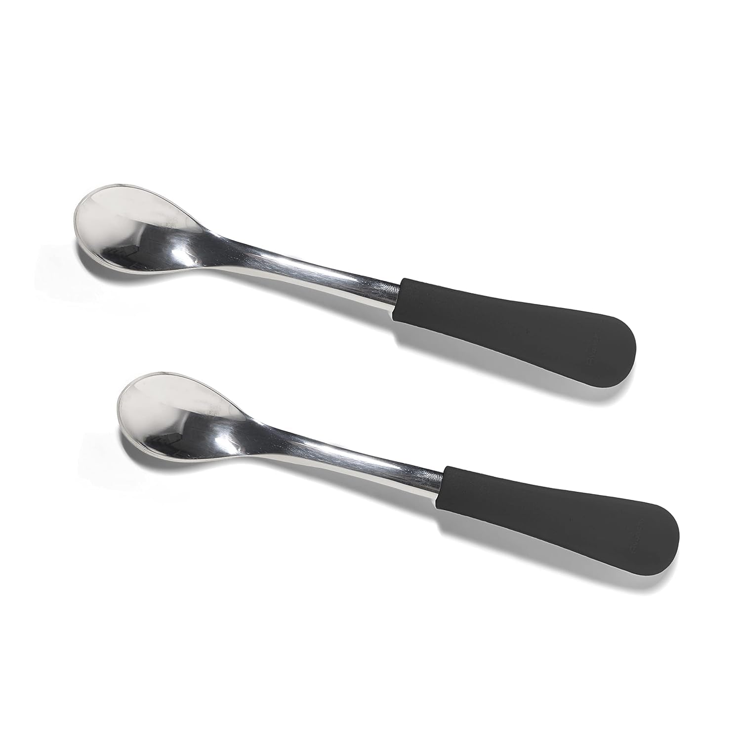 Infant Baby Spoons Stainless Steel and Silicone Set, Self Feeding Food Utensils, 4 Months Baby Led Weaning, 2 Pack, Black