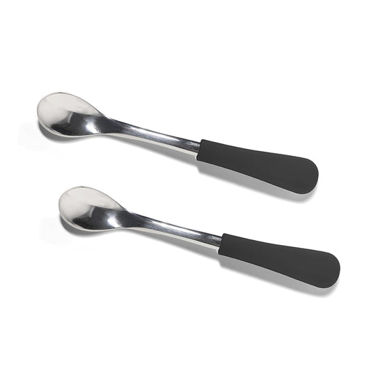 Infant Baby Spoons Stainless Steel and Silicone Set, Self Feeding Food Utensils, 4 Months Baby Led Weaning, 2 Pack, Black