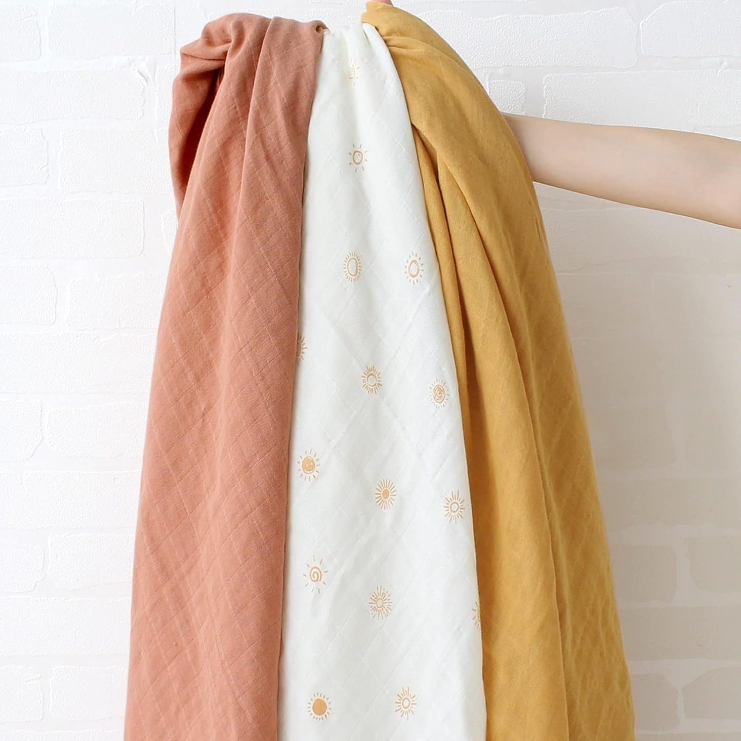 Baby Swaddle Blankets, Muslin Swaddle Blankets Boys Girls Swaddling Wrap Receiving Blanket Neutral for Newborn, Organic Cotton, Large 47 X 47 Inches, Sunshine Print & Solid Color