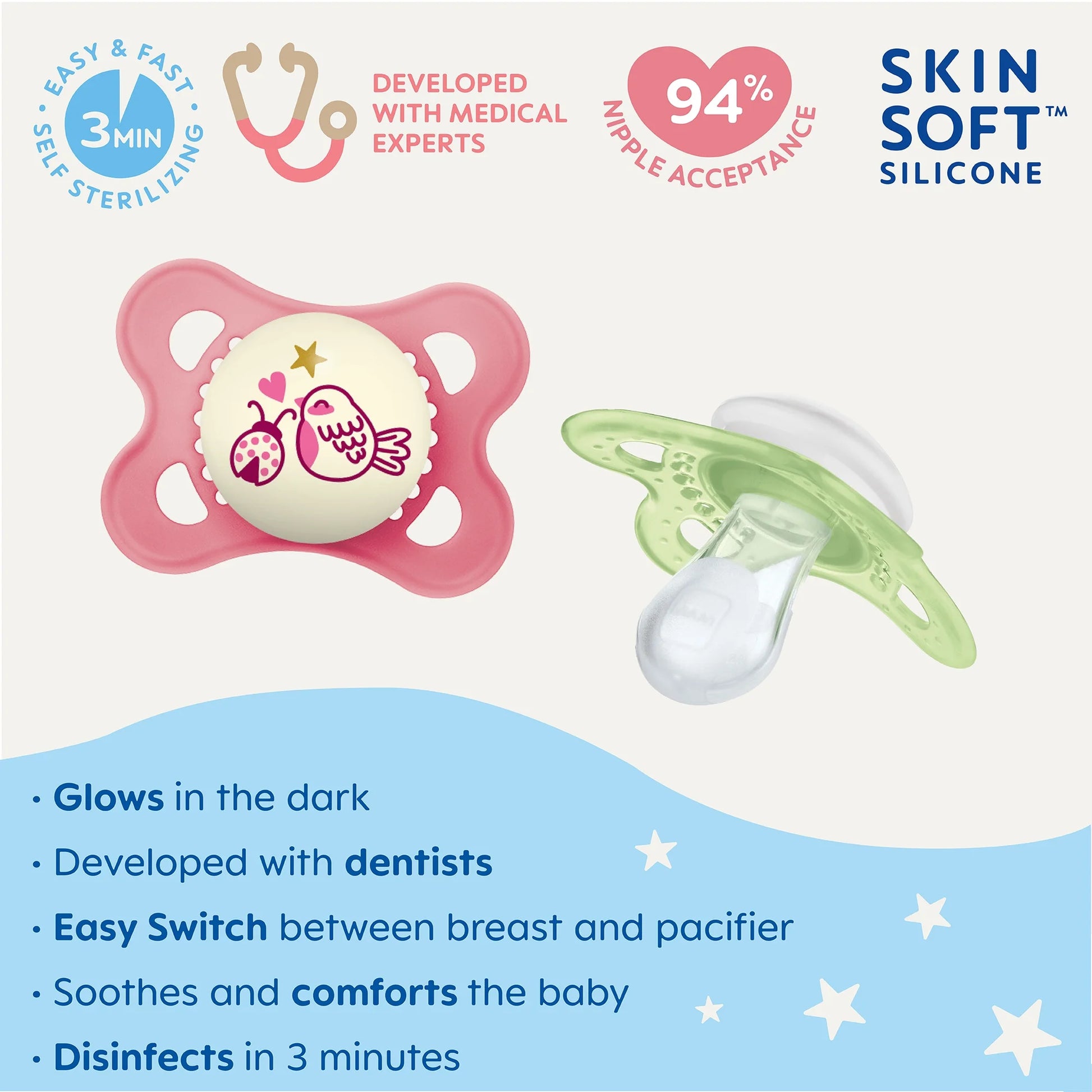 Day & Night Pacifier, 0-6 Months, Girl, 3 Pack