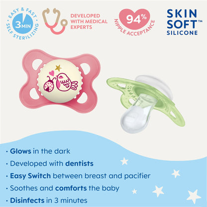 Day & Night Pacifier, 0-6 Months, Girl, 3 Pack