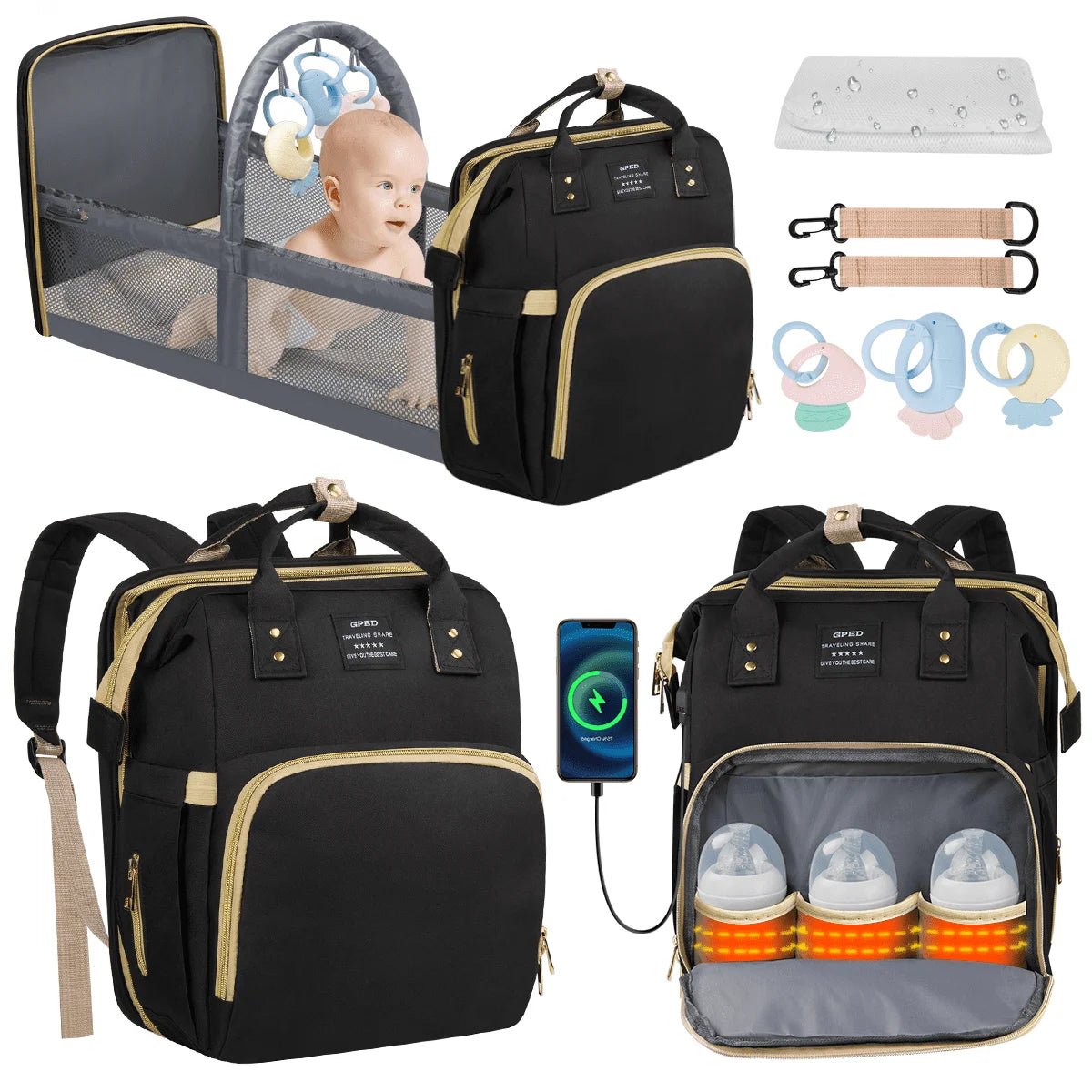 Diaper Bag Backpack, Multifunctional Baby Changing Bag with Foldable Crib &Insulated Milk Bottle Pockets, Large Capacity Portable Travel Backpack with USB Charging Port, Nappy Bag for Moms Dads,Black