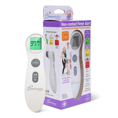 Dreambaby No-Touch Forehead Thermometer – Infrared Digital Baby Thermometer with Fever Alerts, Memory Function & Instant Read – Includes Batteries – Baby Essentials for Adults, Kids, and Newborns