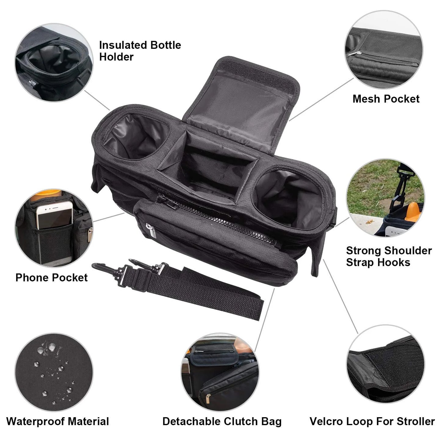 Stroller Organizer with 2 Cup Holder, Detachable Zippered Pocket & Adjustable Shoulder Strap, Universal Stroller Accessories Fits for All Baby Strollers