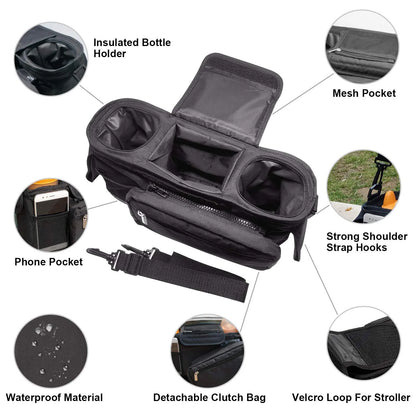 Stroller Organizer with 2 Cup Holder, Detachable Zippered Pocket & Adjustable Shoulder Strap, Universal Stroller Accessories Fits for All Baby Strollers