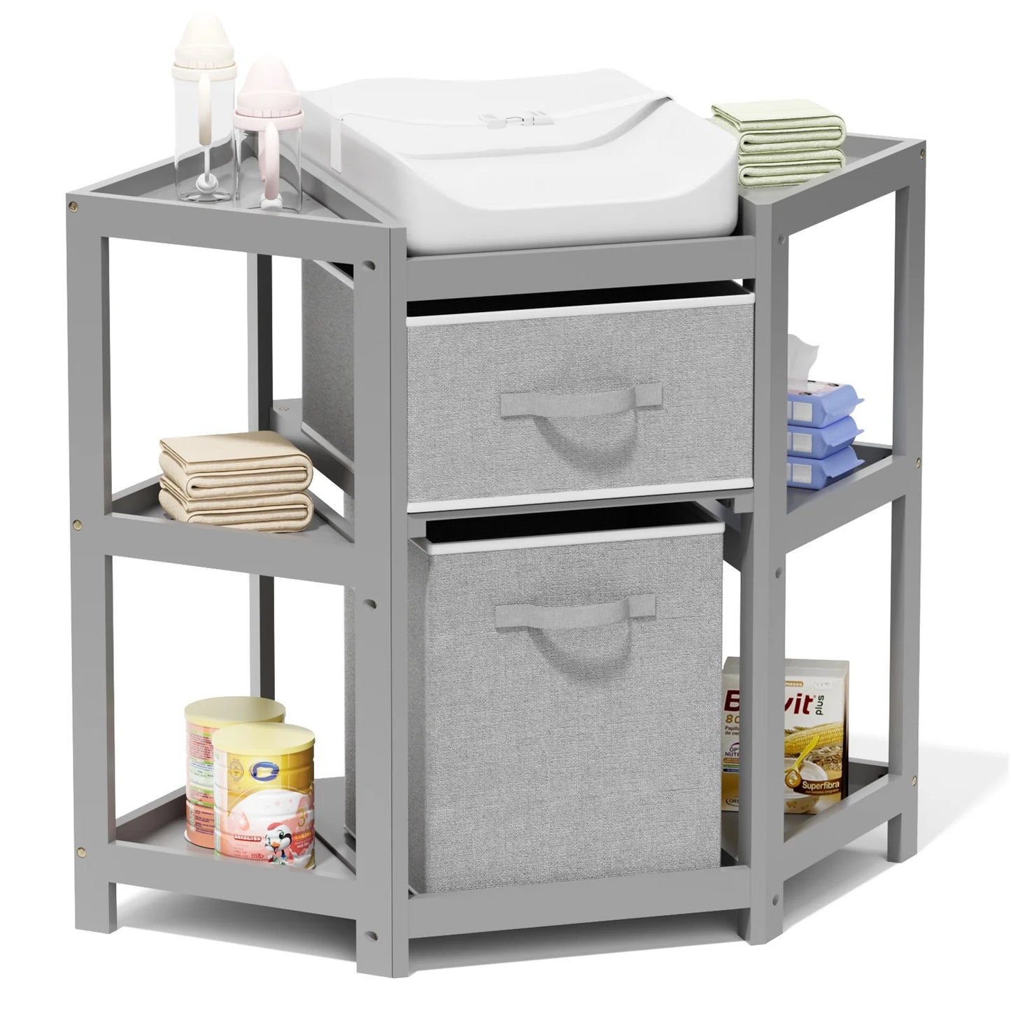 Children Changing Table with Pad, Corner Diaper Changing Table with Laundry Hamper, Storage Bin, Contoured Pad for Baby - Gray