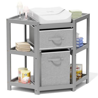 Children Changing Table with Pad, Corner Diaper Changing Table with Laundry Hamper, Storage Bin, Contoured Pad for Baby - Gray