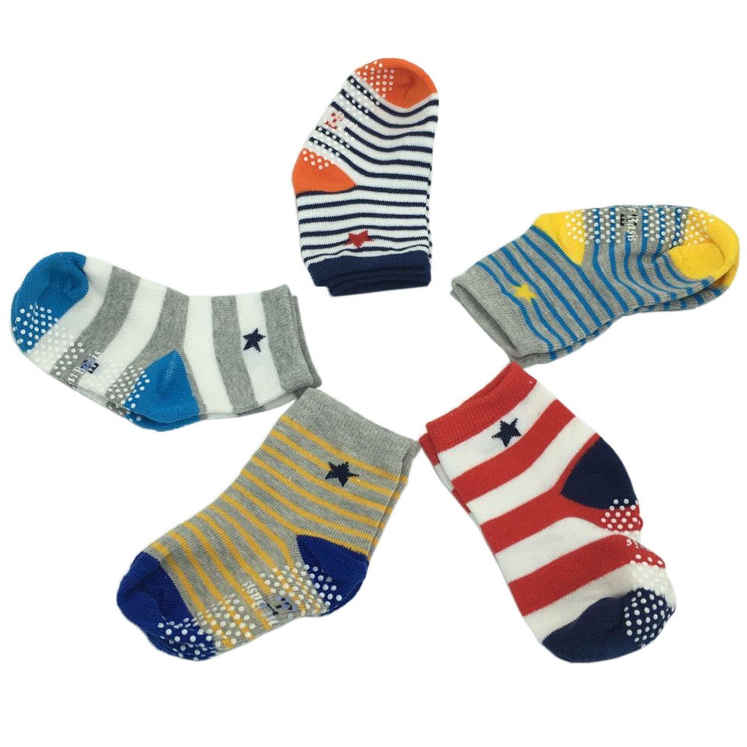 Assorted Non Skid Ankle Socks 5 Pairs 8-36 Months Baby Walker Boys Toddler anti Slip Knit Stripes Star Grips Socks