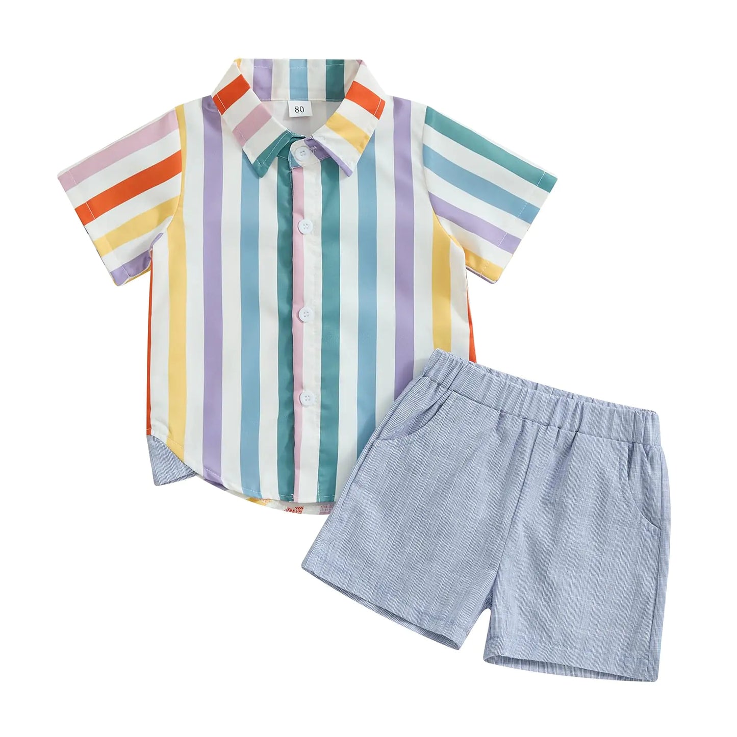 Kupretty Baby Boy Summer Outfit – Color Block Button-Down Shirt & Shorts Set (Colorful Stripe | 18–24 Months)