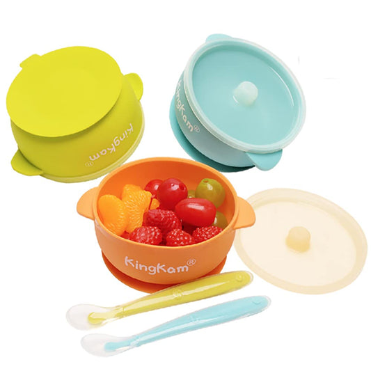 Baby Bowls and Spoons, Suction Bowls for Baby, Toddler Self-Feeding Set, Leak-Proof Silicone Bowl with Lid, Dishwasher & Microwave Safe