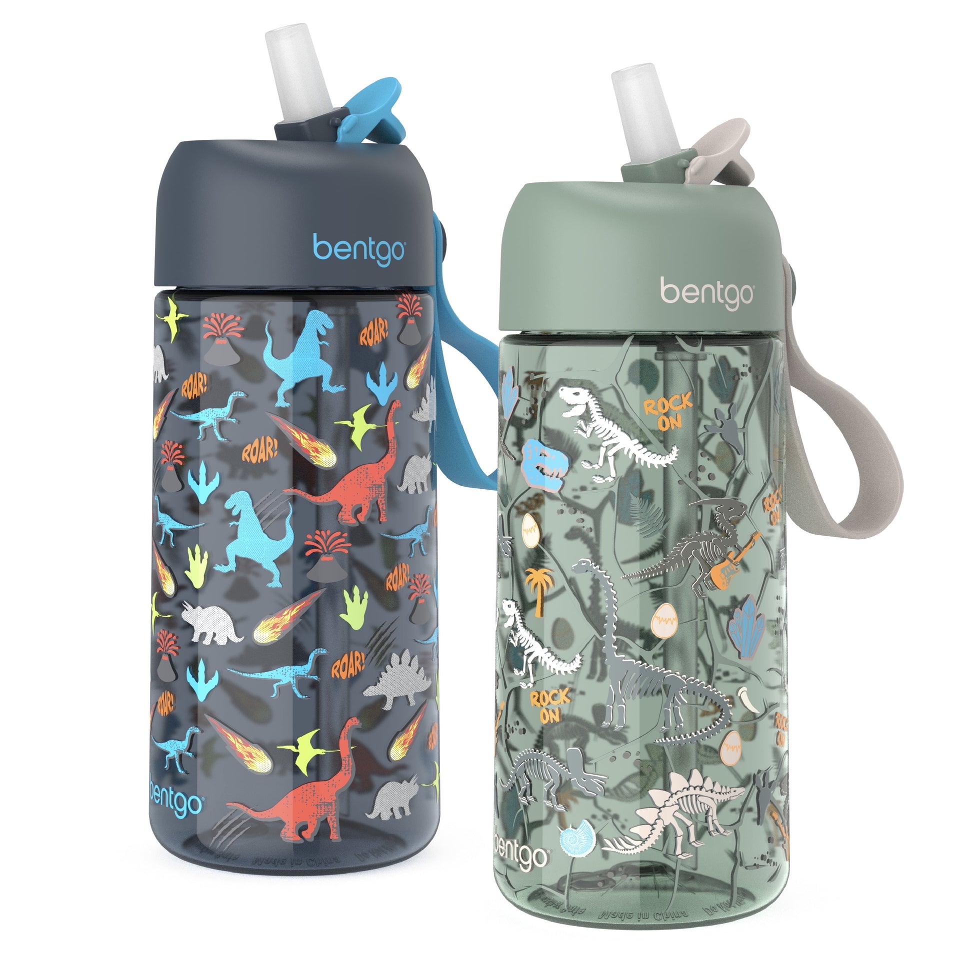 ® Kids Water Bottle 2-Pack - New, Improved 2023 Leak-Proof Bpa-Free 15 Oz Cups for Toddlers & Children - Flip-Up Safe-Sip Straw for School, Sports, Daycare, Camp (Dinosaur/Dino Fossils)