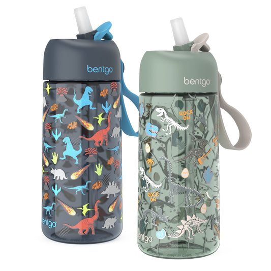 ® Kids Water Bottle 2-Pack - New, Improved 2023 Leak-Proof Bpa-Free 15 Oz Cups for Toddlers & Children - Flip-Up Safe-Sip Straw for School, Sports, Daycare, Camp (Dinosaur/Dino Fossils)