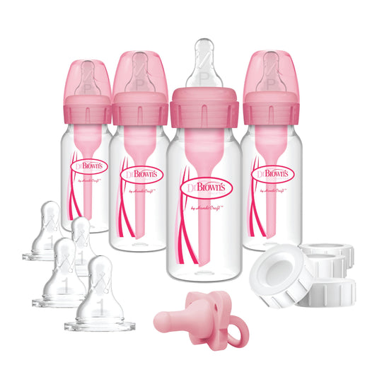 Anti-Colic Baby Feeding Set with Slow Flow Nipples, Travel Caps, Silicone Pacifier - Pink C24