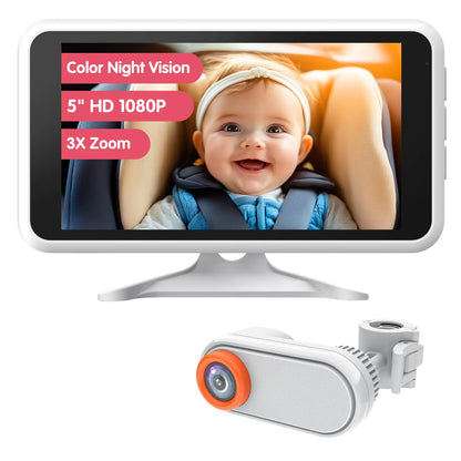 LUCKVIEW Wired Baby Car Camera with 5.2” Monitor – 3X Zoom, IR Night Vision, 170° View, Unique Headrest Mount – Rear-Facing Infant Car Monitor (White)