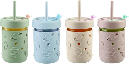 4 Pack Kids & Toddler Glass Cups, Glass Mason Jar Cups 8.45 Oz with Silicone Sleeves & Straws, Toddler Spill-Proof Smoothie Cups