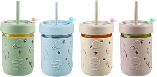 4 Pack Kids & Toddler Glass Cups, Glass Mason Jar Cups 8.45 Oz with Silicone Sleeves & Straws, Toddler Spill-Proof Smoothie Cups