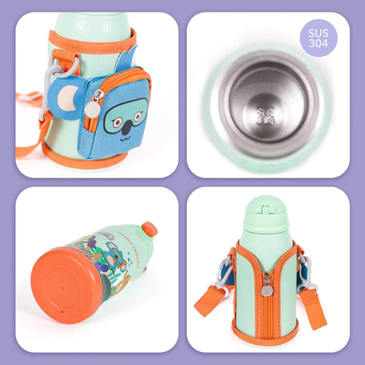 MILK&MOO Jungle Friends Kids Water Bottle with Bag – 18.5oz Stainless Steel, BPA-Free, Leakproof, 3 Lids, Insulated for Hot & Cold Drinks