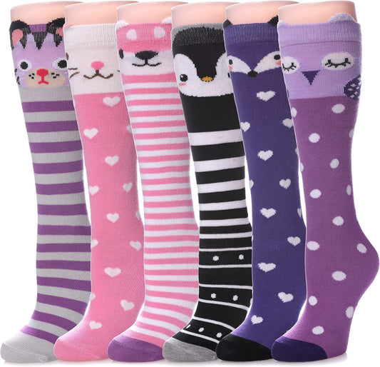 3-12 Year Old Girls Knee High Socks Kids Cute Crazy Funny Animal Pattern Long Boot Socks 6 Pairs