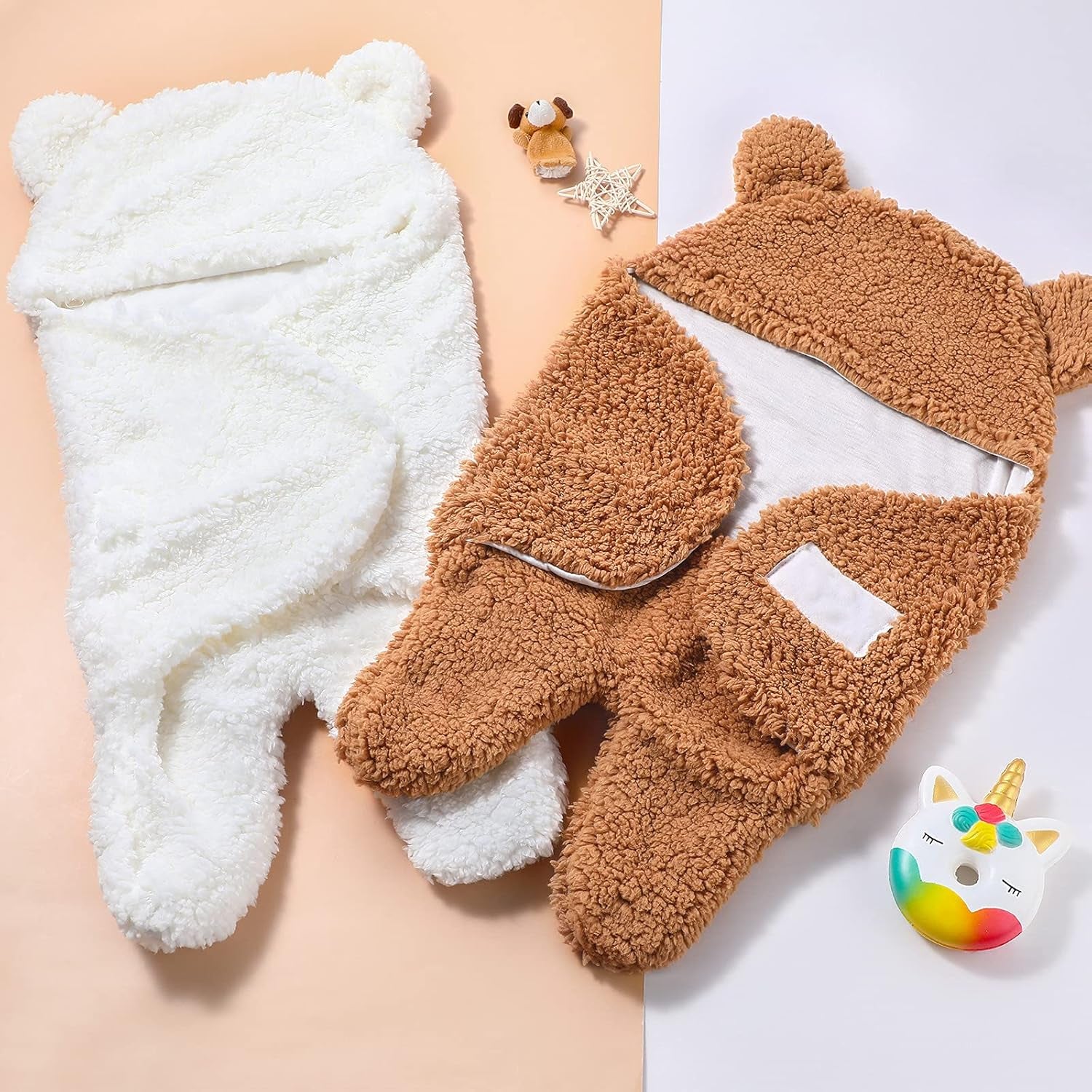2 Set Newborn Plush Swaddle Blankets Cute Swaddle Hooded Swaddle Blanket Baby Boys Girls Receiving Hooded Sleeping Bag Infant Sleep Swaddling (White, Brown)