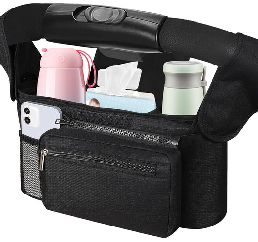 Universal Stroller Organizer Non Slip Straps Stroller Caddy with Insulated 2 Cup Holder-Detachable Phone Bag & Shoulder Strap,Fits for Stroller like Uppababy,Baby Jogger and Pet Stroller,Black