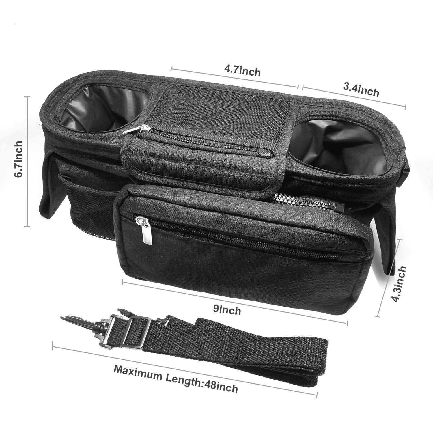 Stroller Organizer with 2 Cup Holder, Detachable Zippered Pocket & Adjustable Shoulder Strap, Universal Stroller Accessories Fits for All Baby Strollers