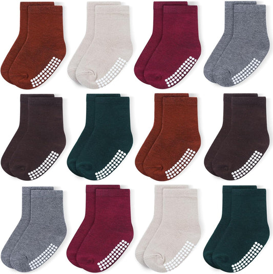 12 Pack Baby Toddler Socks Non Slip Grip Cotton Crew Socks for Boys Girls Infants Kids