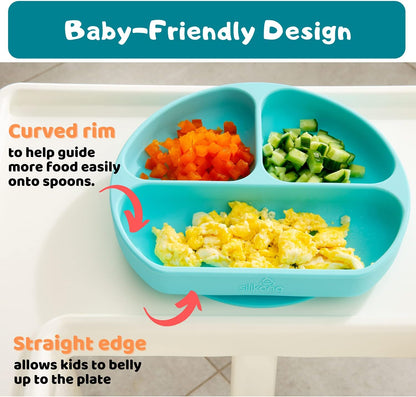 Silicone Baby Feeding Set | Suction Plate for Toddlers + Pocket Bib + Bendable Spoon | BPA Free | Dishwasher, Microwave and Oven Safe (Blue)