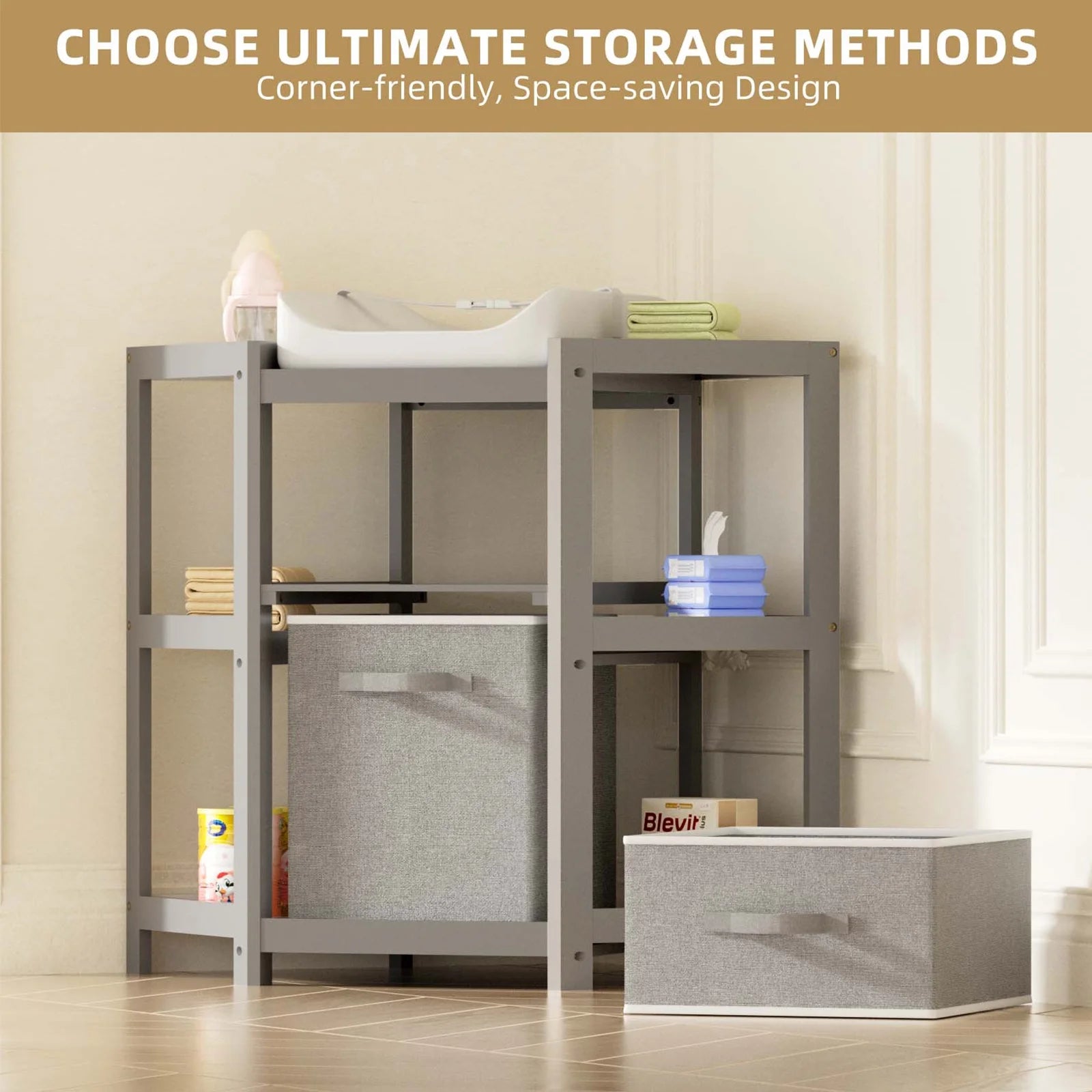 Children Changing Table with Pad, Corner Diaper Changing Table with Laundry Hamper, Storage Bin, Contoured Pad for Baby - Gray