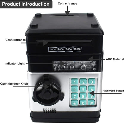 Electronic Piggy Bank Code Lock for Kids Baby Toy, Mini ATM Safe Coin Cash Banks Real Money Saving Box with Password, Auto Money Scroll for Children,Boys Girls Birthday Gift (Black)