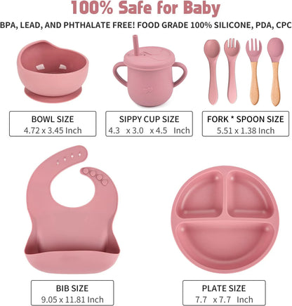Silicone Baby Feeding Set|Baby Weaning Supplies Set|Suction Baby Plate Bowl Set with Bib Spoon Fork Sippy Cup|Baby Feeding Eating Supplies Set BPA Free - Dark Pink