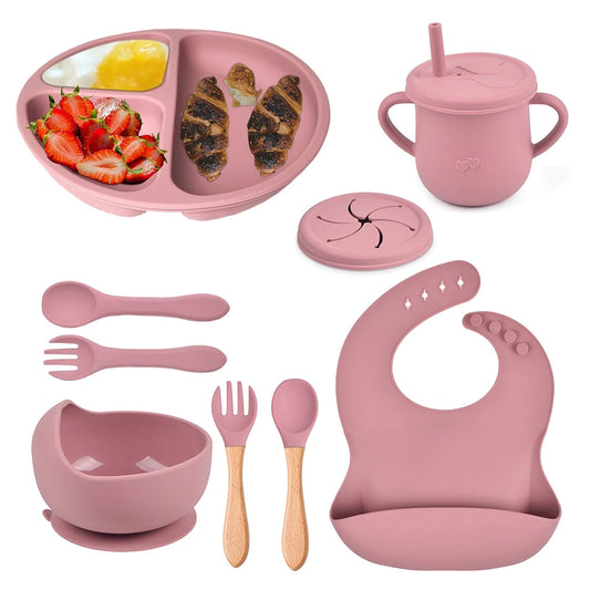 Silicone Baby Feeding Set|Baby Weaning Supplies Set|Suction Baby Plate Bowl Set with Bib Spoon Fork Sippy Cup|Baby Feeding Eating Supplies Set BPA Free - Dark Pink