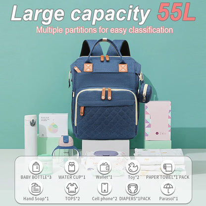 Diaper Bag Backpack with Changing Station Large Capacity Travel Baby Bags for Dad Mom Multifunction Foldable Nappy Bags with Crib/Pacifier Case