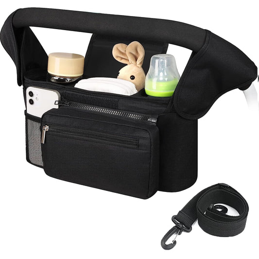 Stroller Organizer with 2 Cup Holder, Detachable Zippered Pocket & Adjustable Shoulder Strap, Universal Stroller Accessories Fits for All Baby Strollers