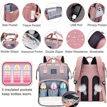 Diaper Bag with Changing Station,Diaper Bag Backpack，7 in 1 Travel Baby Diaper Bag,Mommy Bag with USB Charging Port (Pink-Grey)