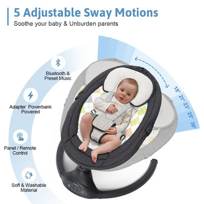 Baby Swing for Infant, Electric Bluetooth Music Bouncer Rocker with 5 Sway Modes, 3 Timing, Black