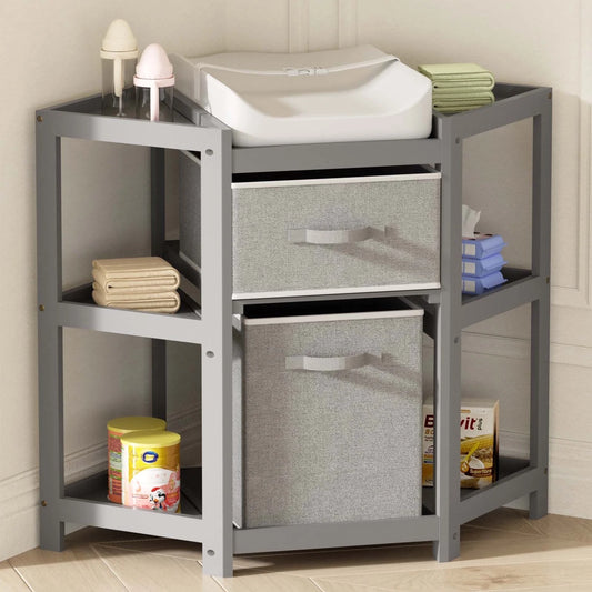 Children Changing Table with Pad, Corner Diaper Changing Table with Laundry Hamper, Storage Bin, Contoured Pad for Baby - Gray