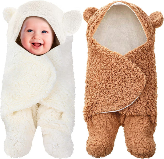 2 Set Newborn Plush Swaddle Blankets Cute Swaddle Hooded Swaddle Blanket Baby Boys Girls Receiving Hooded Sleeping Bag Infant Sleep Swaddling (White, Brown)