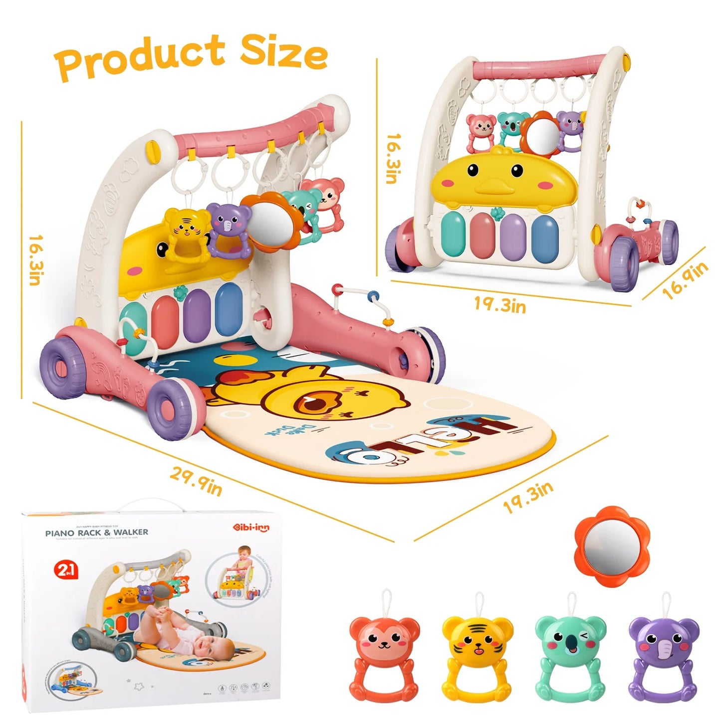 4 in 1 Baby Play Gym & Play Mats,Kick and Play Piano Gym, Baby Activity Walker for 0-24 Months Infant Newborn Toddler, Pink