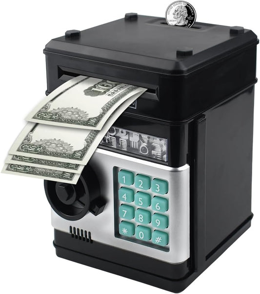 Electronic Piggy Bank Code Lock for Kids Baby Toy, Mini ATM Safe Coin Cash Banks Real Money Saving Box with Password, Auto Money Scroll for Children,Boys Girls Birthday Gift (Black)