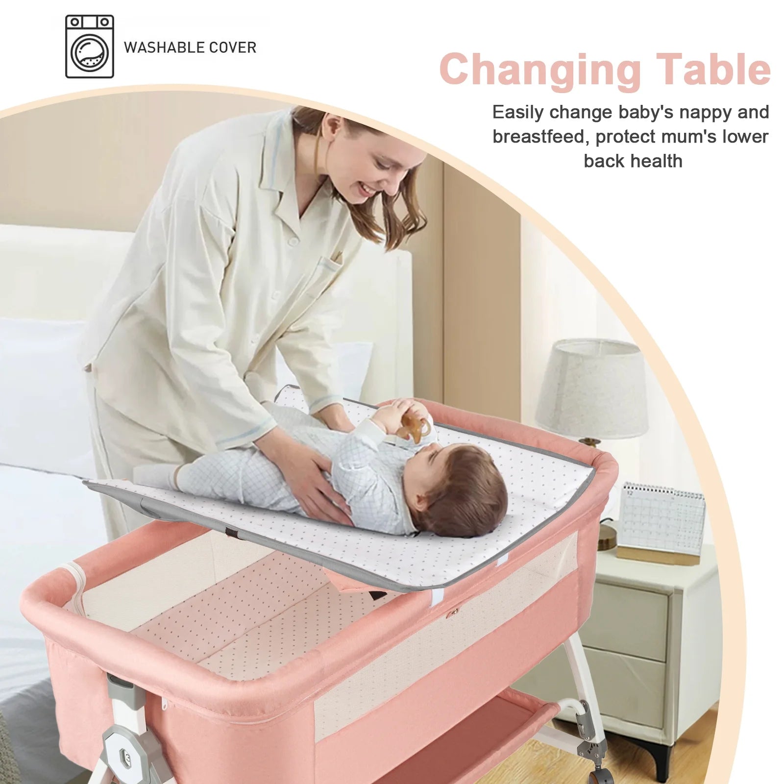 5-In-1 Folding Baby Bassinet,6-Height-Adjustable Crib with Lockable Wheels,Changing Table(Pink)